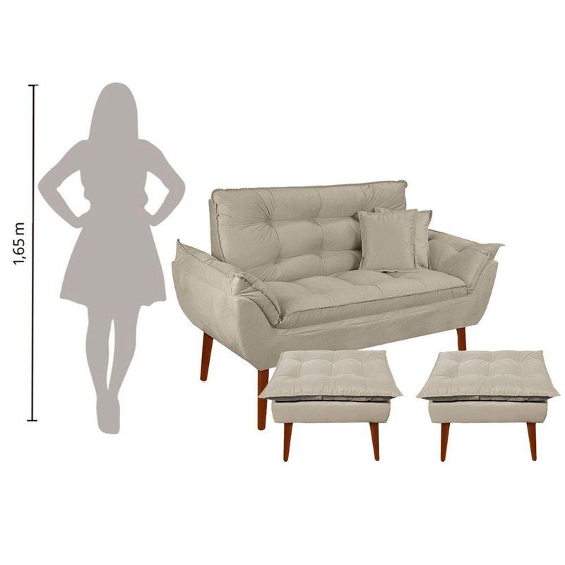 Kit Poltrona Decorativa Namoradeira 2 Puffs Opala E 2 Almofadas Suede - Lm Decor Bege