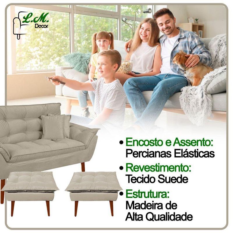 Kit Poltrona Decorativa Namoradeira 2 Puffs Opala E 2 Almofadas Suede - Lm Decor Bege