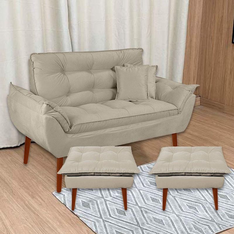 Kit Poltrona Decorativa Namoradeira 2 Puffs Opala E 2 Almofadas Suede - Lm Decor Bege