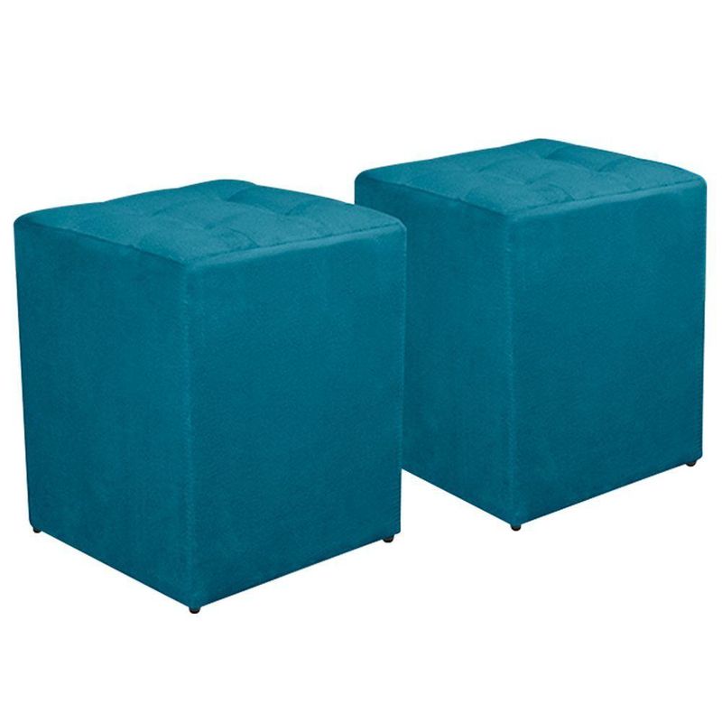 Kit Poltrona Decorativa Namoradeira 2 Puffs Quadrado E 2 Almofadas Suede - Lm Decor Azul Claro