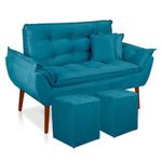 Kit Poltrona Decorativa Namoradeira 2 Puffs Quadrado E 2 Almofadas Suede - Lm Decor Azul Claro