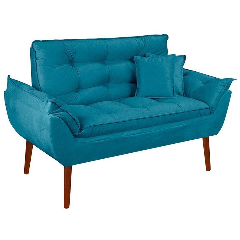 Kit Poltrona Decorativa Namoradeira 2 Puffs Quadrado E 2 Almofadas Suede - Lm Decor Azul Claro