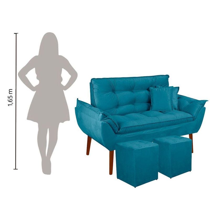 Kit Poltrona Decorativa Namoradeira 2 Puffs Quadrado E 2 Almofadas Suede - Lm Decor Azul Claro