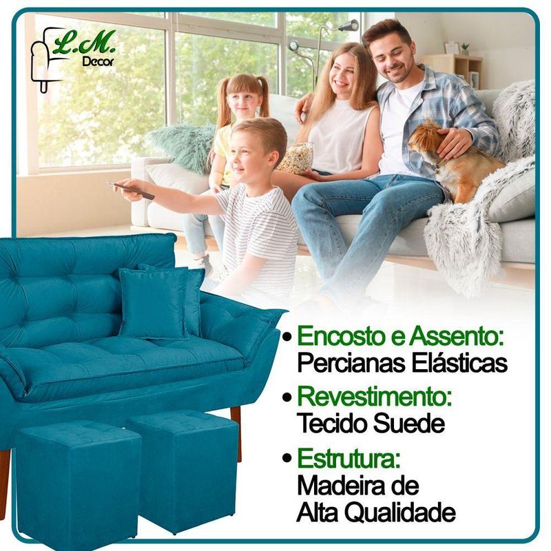 Kit Poltrona Decorativa Namoradeira 2 Puffs Quadrado E 2 Almofadas Suede - Lm Decor Azul Claro