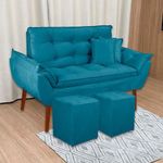 Kit Poltrona Decorativa Namoradeira 2 Puffs Quadrado E 2 Almofadas Suede - Lm Decor Azul Claro