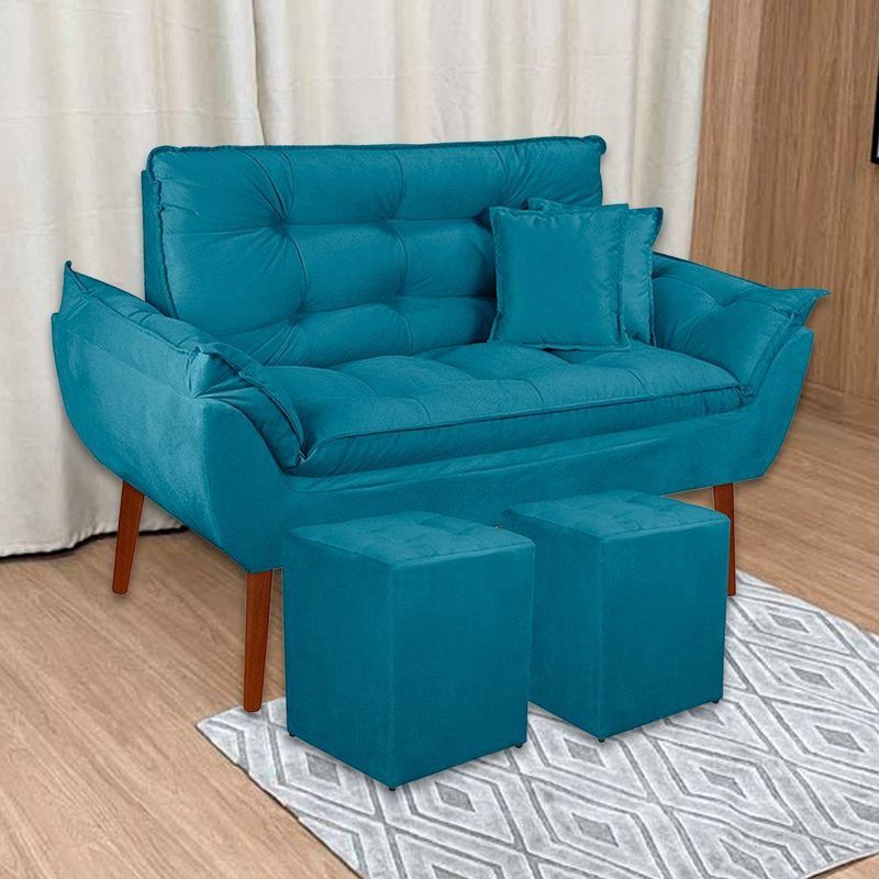 Kit Poltrona Decorativa Namoradeira 2 Puffs Quadrado E 2 Almofadas Suede - Lm Decor Azul Claro