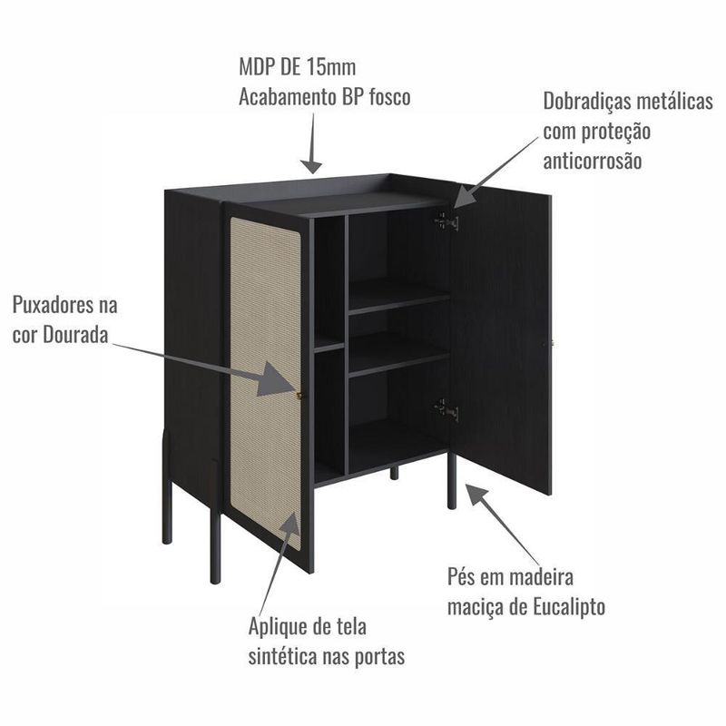 Balcão Buffet Bar Multiuso Oslo 2 Portas 5 Prateleiras MDP 93CM Nero