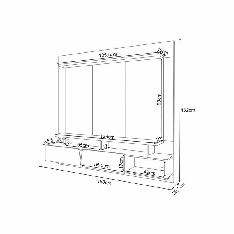Painel Home Suspenso Zenith para TV 60 Polegadas 160CM MDF MDP Cinamomo Off White HB Móveis