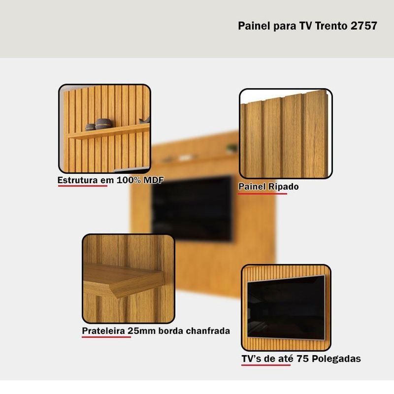 Painel Suspenso para TV Trento 275,7 275,7CM MDF Ripado Cedro DJ Móveis