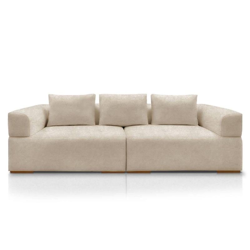 Sofá Scott 3 Lugares Fixo 220CM Bege Bouclé com Aplique em Madeira Lucas Home