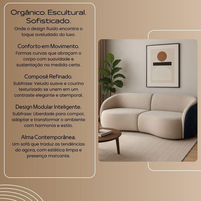 Sofá Modular Viena 3 Lugares Fixo 200CM Bege Veludo e Courino Divani