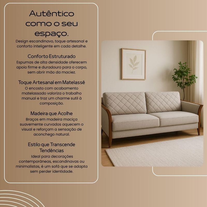 Sofá Mônaco 3 Lugares Fixo 220CM Bege Linho Encosto Metalassê Pés Madeira Divani