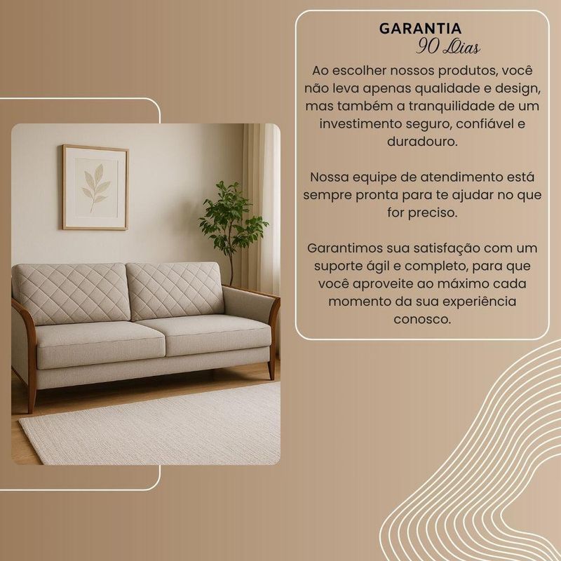 Sofá Mônaco 3 Lugares Fixo 220CM Bege Linho Encosto Metalassê Pés Madeira Divani