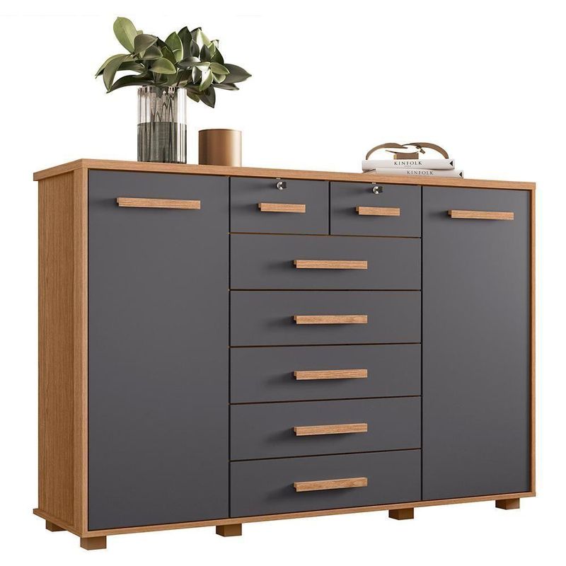 Cômoda Fontana 7 Gavetas MDP com Puxador em MDF Titânio e Freijó para Organização do Quarto