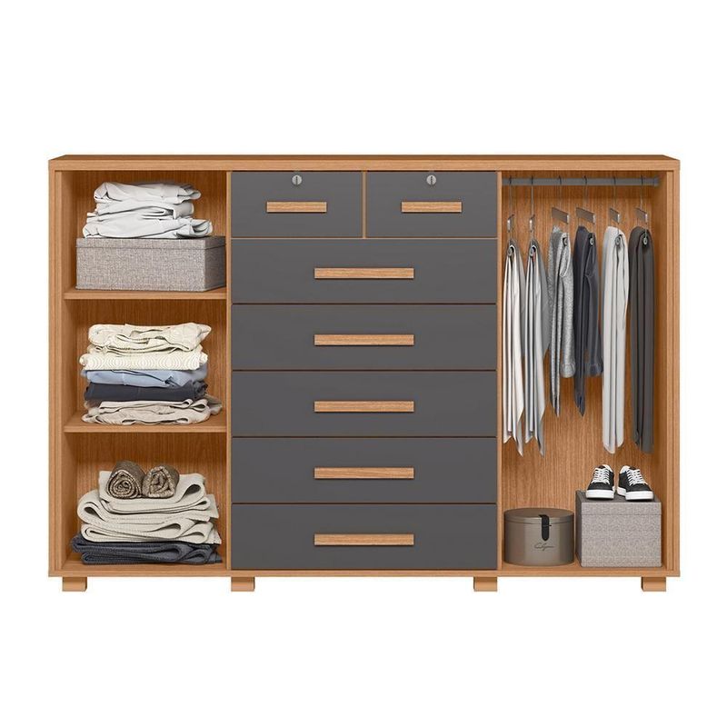 Cômoda Fontana 7 Gavetas MDP com Puxador em MDF Titânio e Freijó para Organização do Quarto