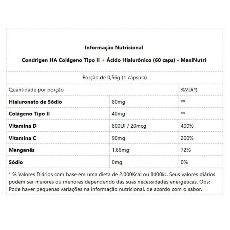 Suplemento Alimentar Maxinutri Condrigen HA Colágeno Tipo II + Ácido Hialurônico 60 Caps