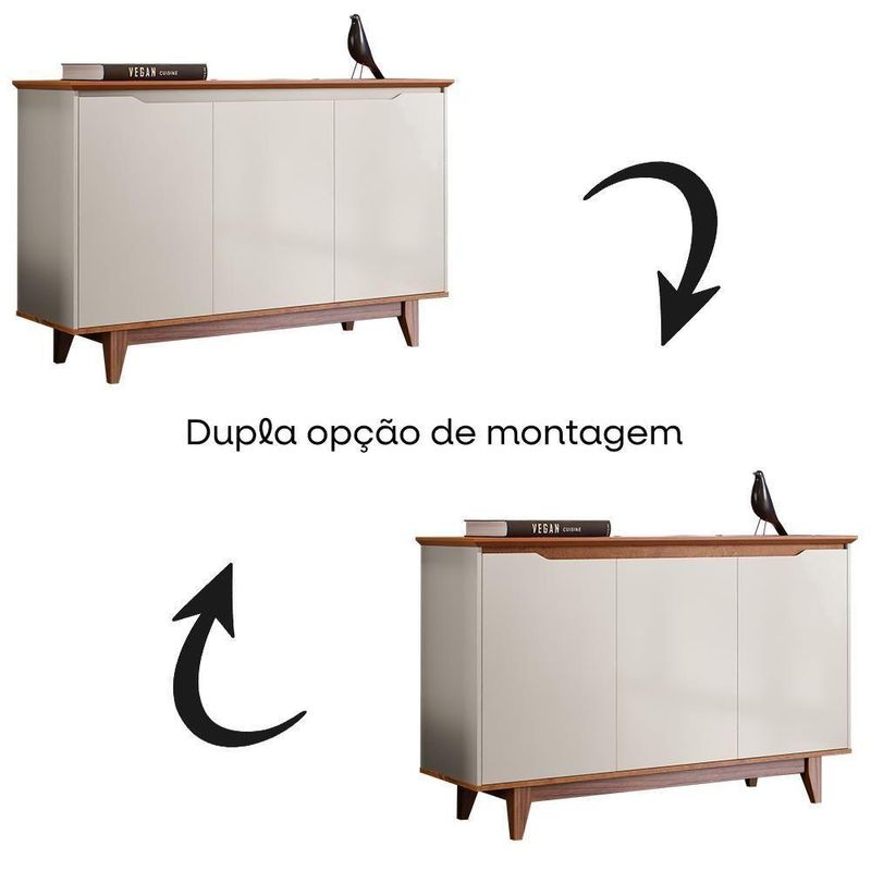 Buffet Aparador Flow Moderno 3 Portas MDF-MDP 124,5CM Off White-freijó EJ Móveis