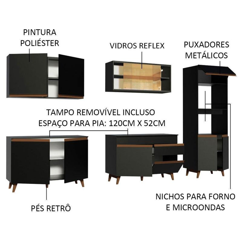 Cozinha completa madesa reims 310001 com armário e balcão - preto