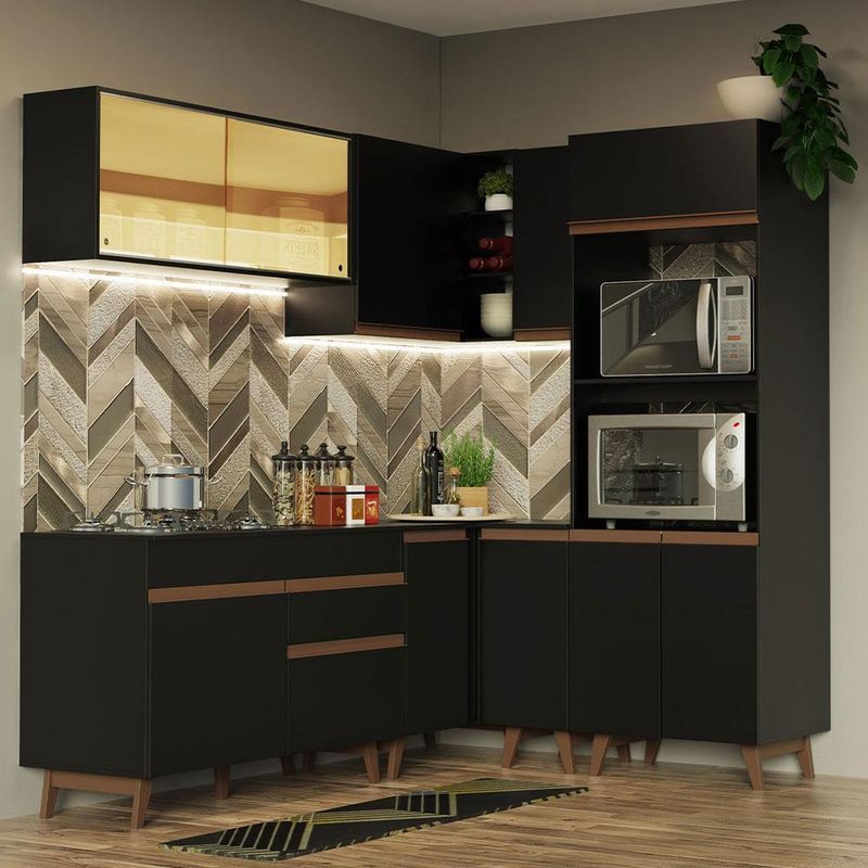 Cozinha completa de canto madesa reims 367001 com armário e balcão - preto