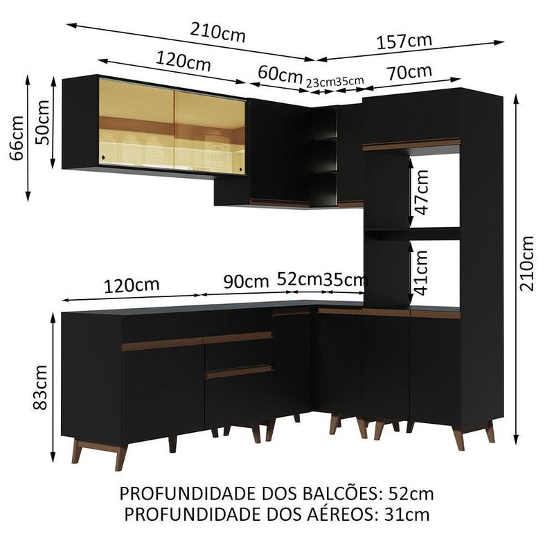 Cozinha completa de canto madesa reims 367001 com armário e balcão - preto