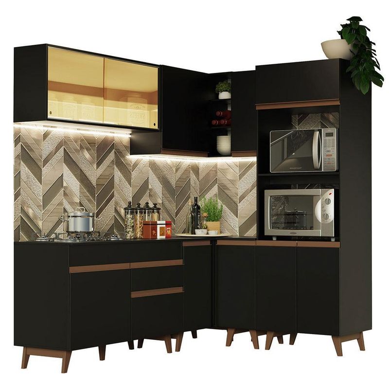 Cozinha completa de canto madesa reims 367001 com armário e balcão - preto