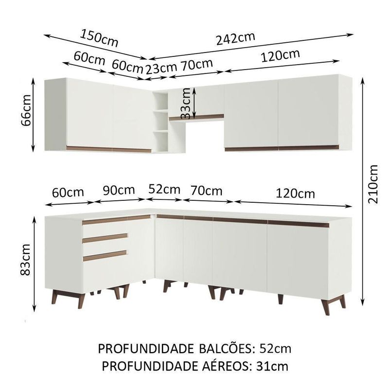 Cozinha completa de canto madesa reims 392002 com armário e balcão - branco