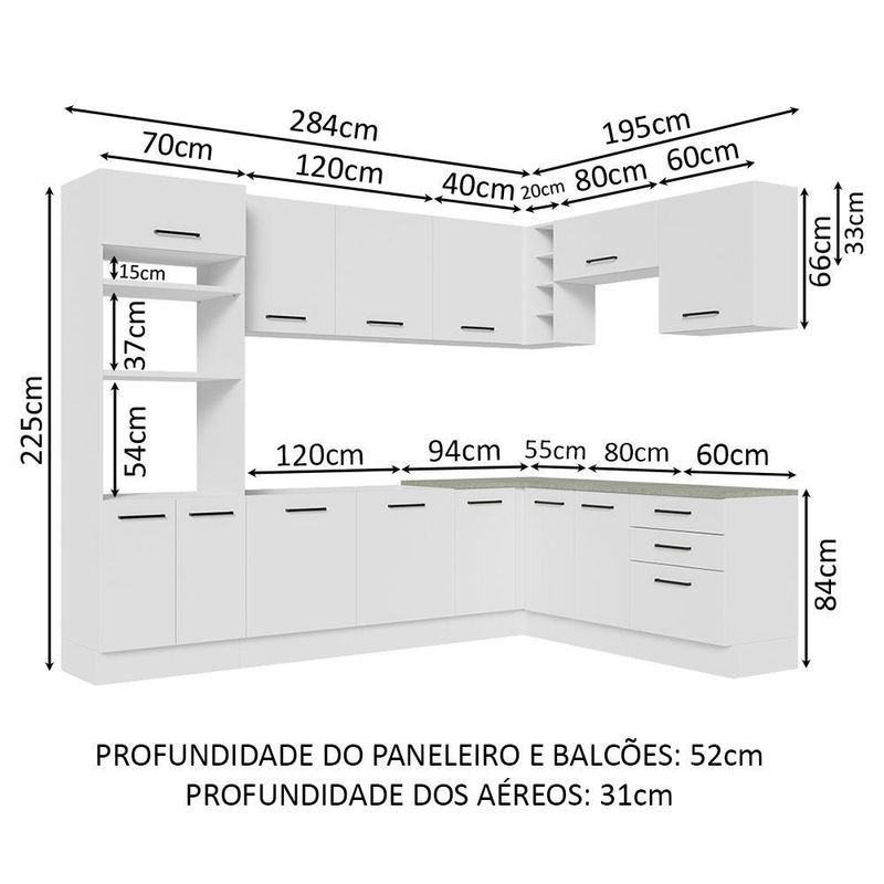 Cozinha completa de canto madesa agata 479001 com armário e balcão (sem tampo e pia) - branco