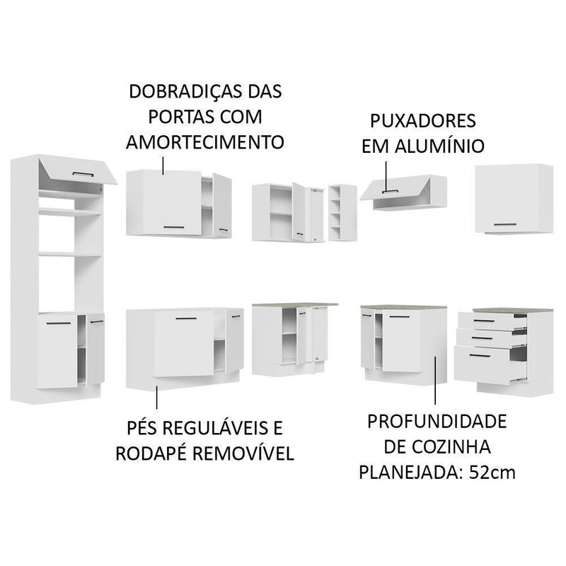 Cozinha completa de canto madesa agata 479001 com armário e balcão (sem tampo e pia) - branco