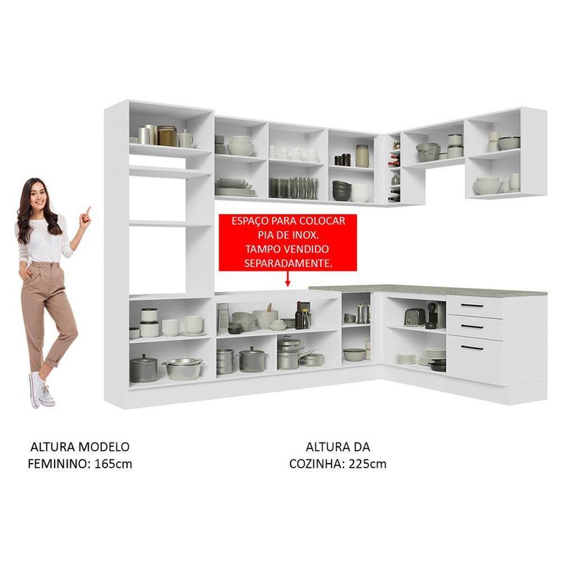 Cozinha completa de canto madesa agata 479001 com armário e balcão (sem tampo e pia) - branco