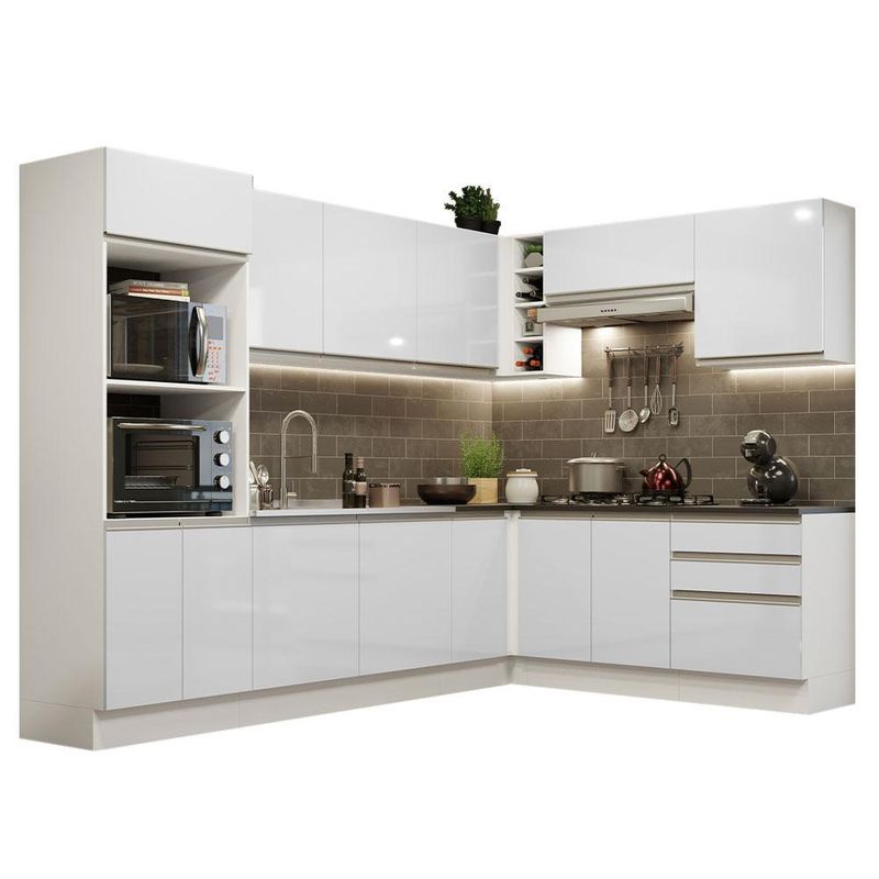 Cozinha completa de canto 100% mdf madesa acordes 479003 armário e balcão - frentes branco brilho