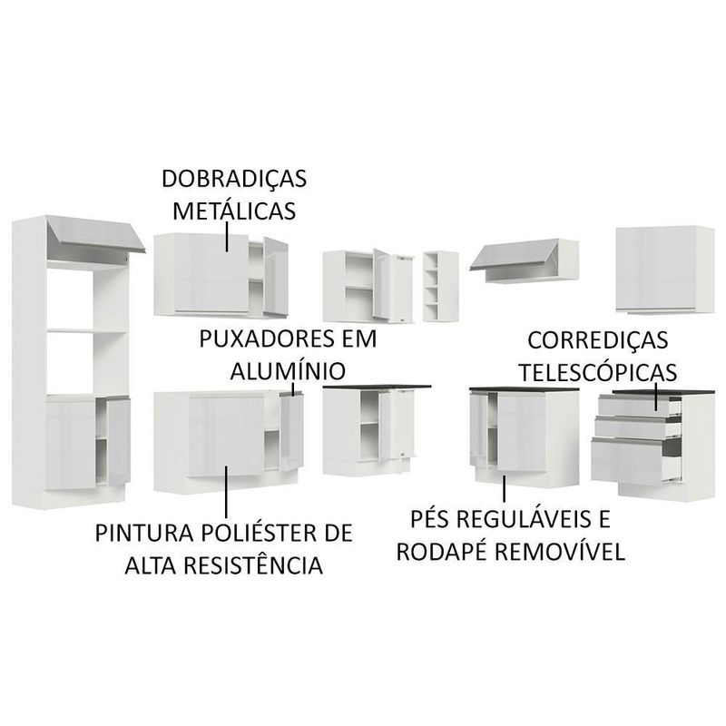 Cozinha completa de canto 100% mdf madesa acordes 479003 armário e balcão - frentes branco brilho