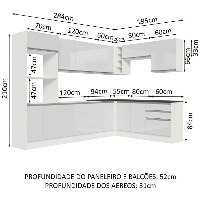 Cozinha completa de canto 100% mdf madesa acordes 479003 armário e balcão - frentes branco brilho