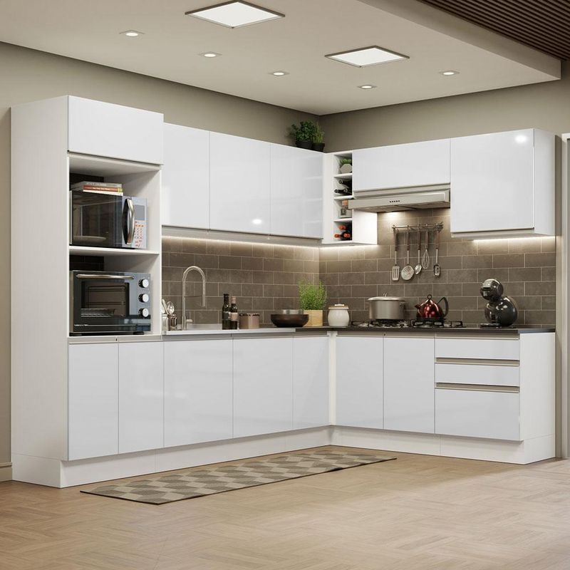 Cozinha completa de canto 100% mdf madesa acordes 479003 armário e balcão - frentes branco brilho