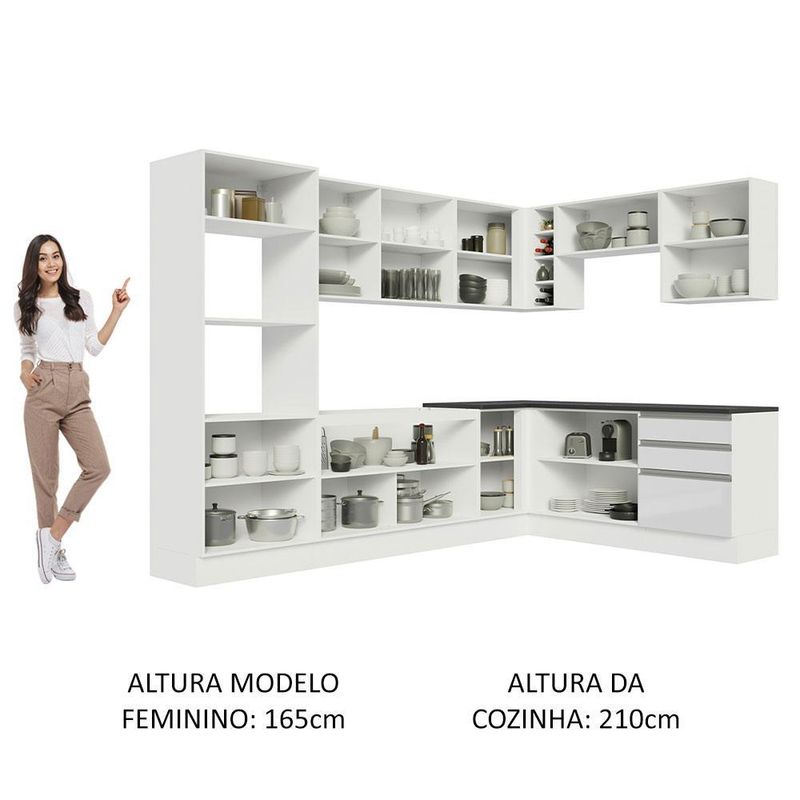 Cozinha completa de canto 100% mdf madesa acordes 479003 armário e balcão - frentes branco brilho