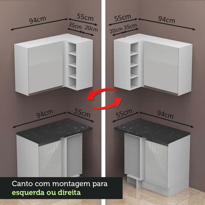 Cozinha completa de canto 100% mdf madesa acordes 479003 armário e balcão - frentes branco brilho