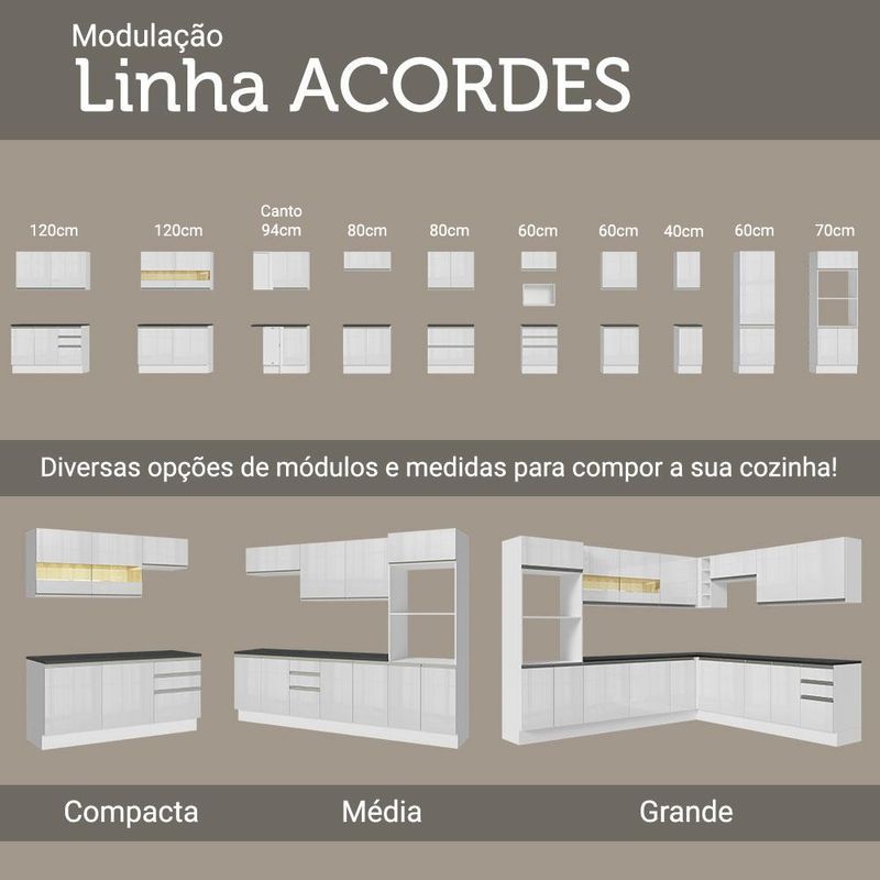 Cozinha completa de canto 100% mdf madesa acordes 479003 armário e balcão - frentes branco brilho