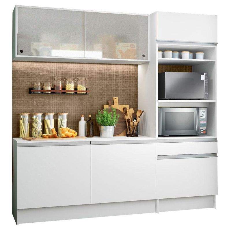 Cozinha compacta madesa topazio pop com armário, balcão e tampo branco