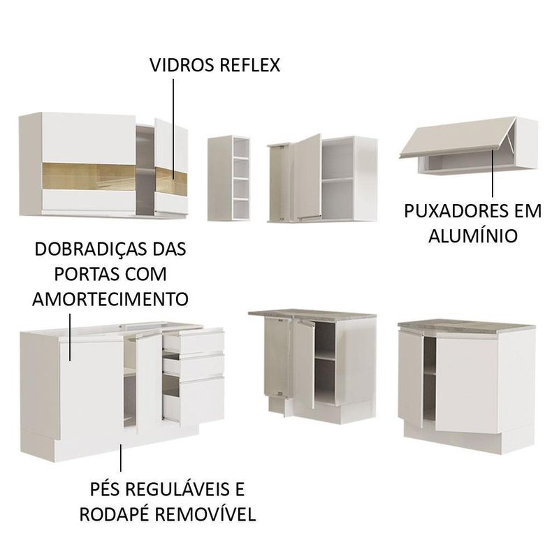 Cozinha completa de canto madesa glamy 349001 com armário e balcão (sem tampo e pia) - branco