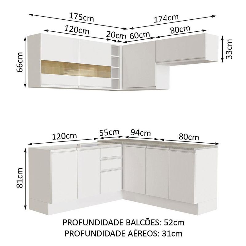 Cozinha completa de canto madesa glamy 349001 com armário e balcão (sem tampo e pia) - branco