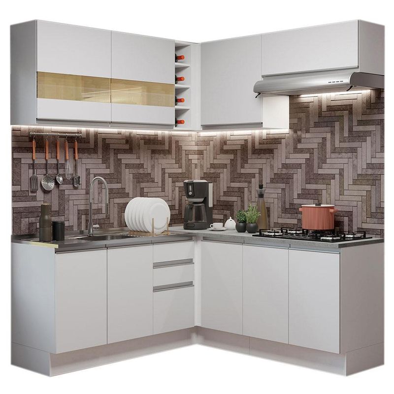 Cozinha completa de canto madesa glamy 349001 com armário e balcão (sem tampo e pia) - branco