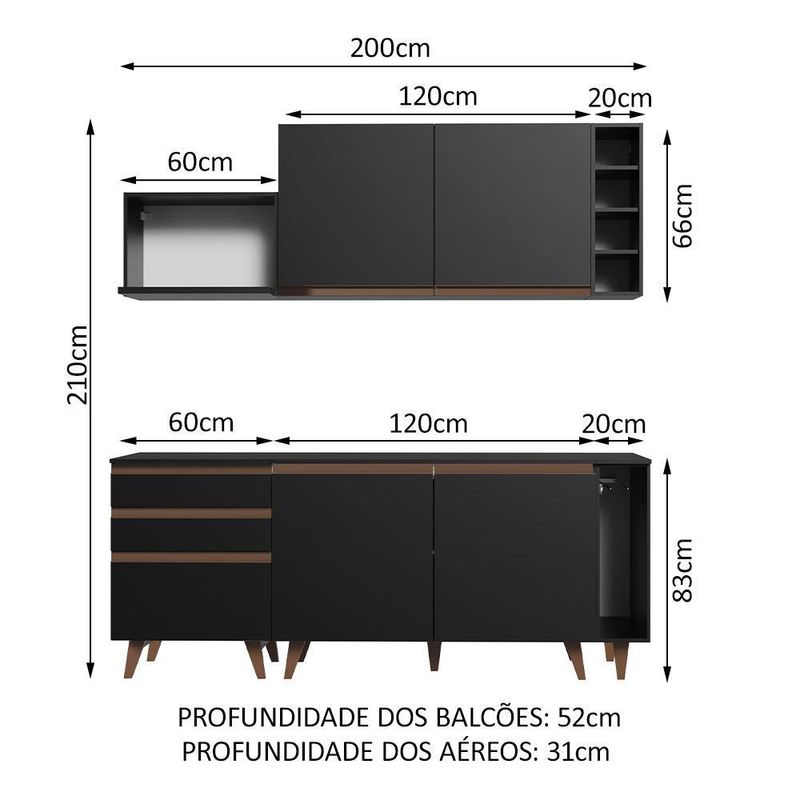 Cozinha compacta madesa reims 200001 com armário e balcão - preto