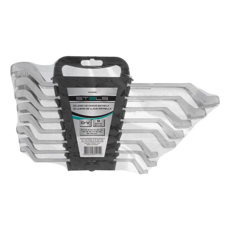 Jogo de chave estrela crv 6-22mm 8 peças stels 1533255 aço cromo vanádio 44 hrc com suporte