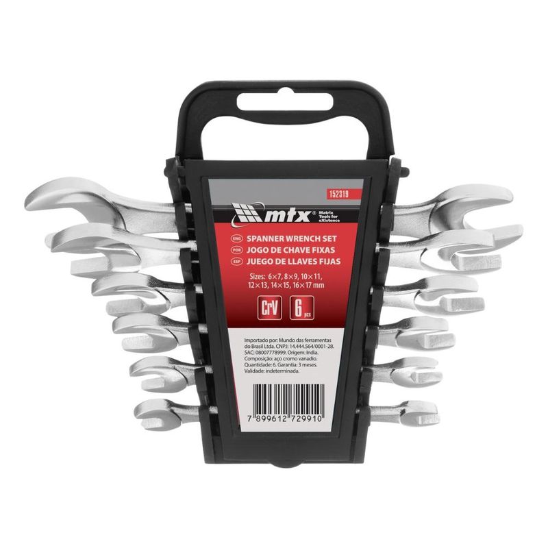 Jogo de chave fixa crv 6-17mm 6pçs aço crv 45 hrc mtx 152319 com suporte