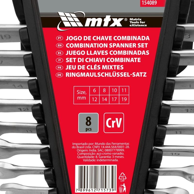 Jogo de chave combinada crv 6-19mm 8 peças aço crv 45 hrc mtx 154089