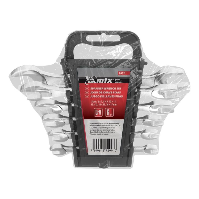 Jogo de chave fixa crv 6-17mm 6pçs aço crv 45 hrc mtx 152319 com suporte