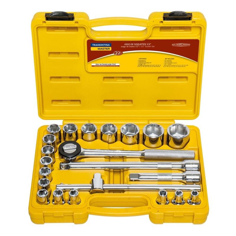 Jogo de soquetes sextavados 1/2'' 22 peças aço cromo vanádio cromado tramontina master profissional