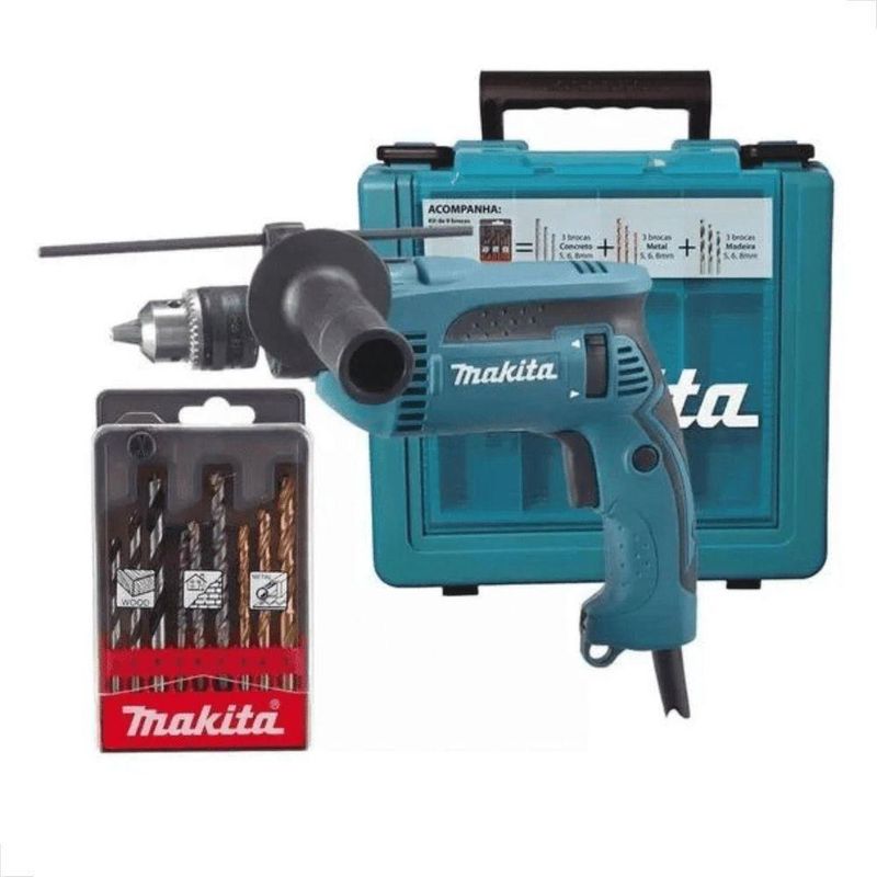 Furadeira de impacto 760w 1/2'' com punho lateral kit de brocas maleta hp1640kx1 220v makita