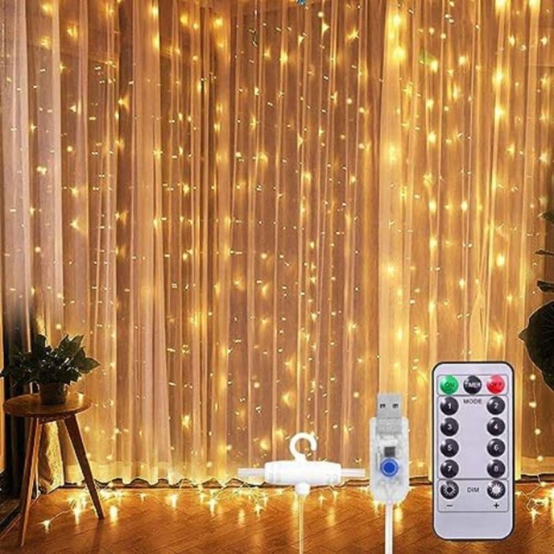Cortina de LED 3x3M com Controle Remoto 8 Modos Luz Branca Quente USB Decoração Natal Utimix