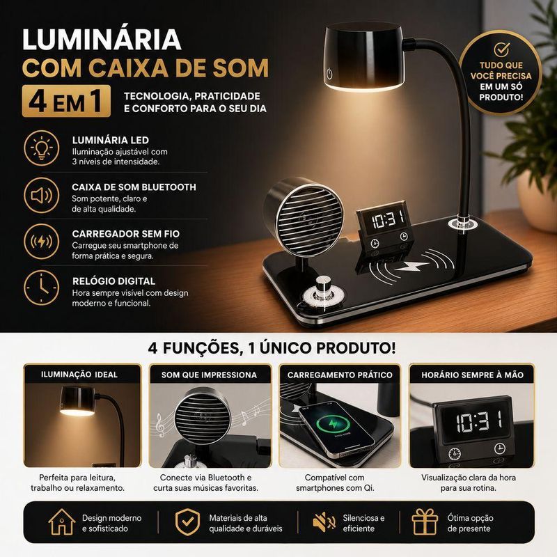 Luminária de Mesa Utimix 4 em 1 com Caixa de Som Bluetooth Relógio Despertador LED Ajustável Branco