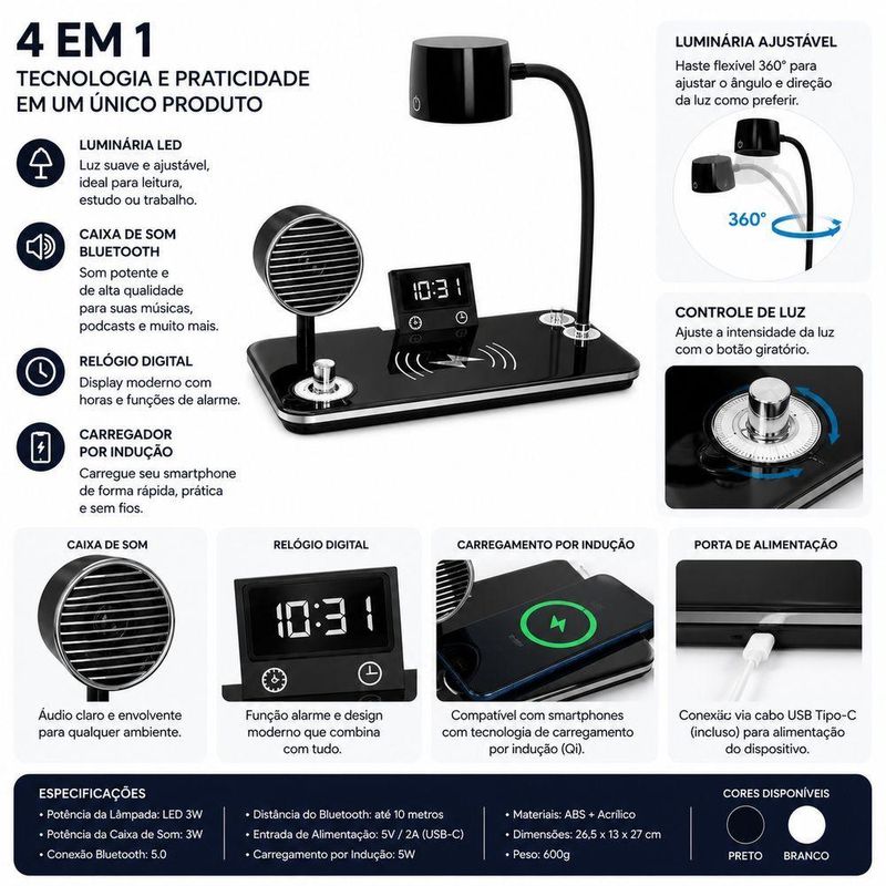 Luminária de Mesa Utimix 4 em 1 com Caixa de Som Bluetooth Relógio Despertador LED Ajustável Branco